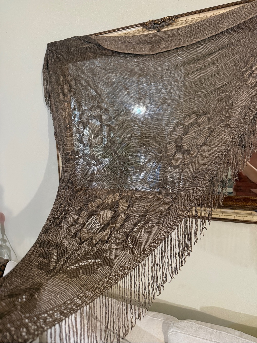 Lightweight large triangular Sheer lace grey brown Wrap shawl Shimmery